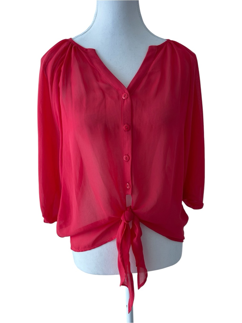 Fluo Coral Tie-Front Button Up Blouse in Size Small